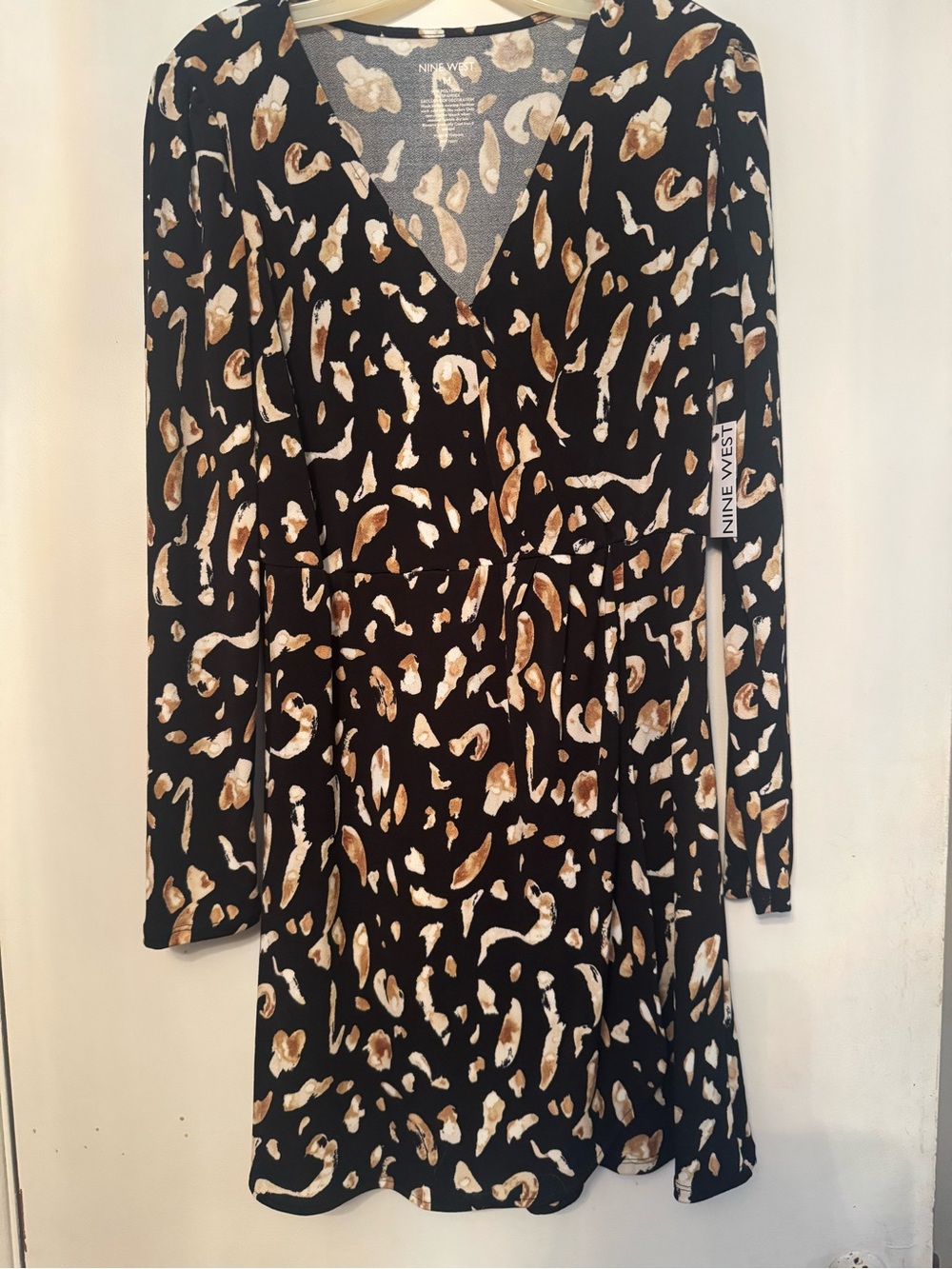 Nine West Black Dress with Brown & Cream Animal Print, Long Sleeve